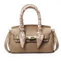 Beige lychee grain leather handbag with patterned silk scarf and golden hardware - Khaki - Small