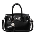 Black glossy Kelly style handbag with silver heart charm and adjustable shoulder strap - With Pendant / Black