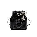 Glossy black backpack with silver chain, pearl bow charm, and heart pendant detail - With Ornament / Black