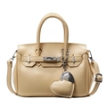 Chic cream beige leather handbag with heart charm and adjustable shoulder strap - With Pendant / Yellow