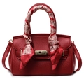 Elegant red leather handbag with lychee texture and decorative silk scarf handle wrap - Wine Red - Small