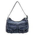 Borsa a spalla in denim blu lavato con tasche frontali e fibbie in stile vintage - Azzurro