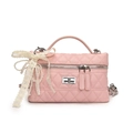 Pink quilted leather crossbody bag with lace pearl bow and silver chain strap - Lace Pearl Bow Style / Pink