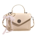 Petit sac carré en cuir ciré crème avec poignée en perles et nœud décoratif en dentelle - Avec Noeud Dentelle Perle / Blanc