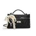 Black quilted crossbody bag with caviar leather texture and pearl lace bow charm - Lace Pearl Bow Style / Black