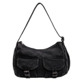 Borsa a spalla in denim nero vintage con tasche a fibbia e design stile Y2K - Nero