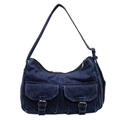 Borsa a spalla retrò in denim blu scuro lavato con tasche multiple e fibbie metalliche - Blu scuro