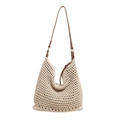 Borsa hobo in maglia beige con tracolla in pelle marrone e trama traforata a rete - Beige