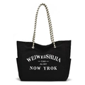 Sac fourre-tout en toile noire avec lettrage rétro et anses en corde torsadée - Grand / Noir