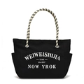 Schwarze Canvas-Tragetasche mit weißer Aufschrift und geflochtenen Seilgriffen - Klein / Schwarz