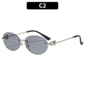 Retro randloze ovale zonnebril met grijze glazen en zilveren metalen ketting C2 - Zilveren Frame Lichtgrijze Lens