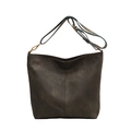Vintage Tragetasche aus Kunstleder in Dunkelbraun mit besticktem Ethno-Schultergurt - Grau