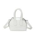 Mini white patent leather handbag with dual circular handles and silver hardware crossbody strap - White