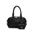 Petit sac carré noir à texture tressée avec double poignée et mini charme assorti - Noir