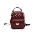 Deep red quilted mini backpack with glossy synthetic leather and silver chain straps - Red