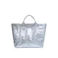 Silver metallic Tyvek tote bag with trendy crinkle texture and white printed lettering - Silver