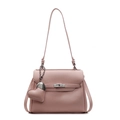 Pink litchi texture leather handbag with heart charm and crossbody strap accessory - Pink