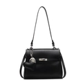 Black litchi grain Kelly style handbag with heart charm and detachable strap - No Pendant / Black