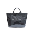 Glossy black patent leather tote bag with white TOTE BAG text print in a modern style - Black