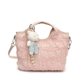 Sac à main rose plissé avec pendentif d'ours mignon et bandoulière réglable pratique - Rose