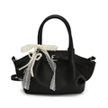 Black pebbled leather tote bag with white lace bow and beaded heart pendant - With Ornament / Black