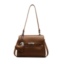 Brown litchi leather Kelly bag with silver hardware and heart charm pendant - No Pendant / Brown