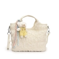 Creamy white pleated bucket bag with a cute bear charm and detachable leather shoulder strap - White Bear With Yellow Overalls Pendant Style / White