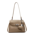 Khaki Kelly style handbag with lychee pattern leather and heart-shaped pendant - Khaki