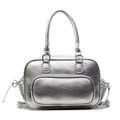 Borsa Boston in pelle metallizzata argento con tasca anteriore e dettagli coulisse - Argento