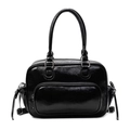 Elegante borsa a mano in pelle verniciata nera lucida capiente con fibbie in metallo argento - Nero