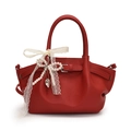 Red lychee leather shoulder bag with white lace bow, pearls, and heart charm - With Ornament / Red