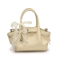 Beige lychee leather handbag with lace bow, pearls and silver heart pendant - With Ornament / White