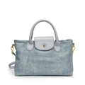 Grande borsa tote in denim blu con manici in pelle grigia e tracolla regolabile - Blu