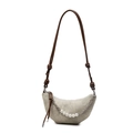 Borsa hobo a mezzaluna grigio chiaro con catena di perle e tracolla con nodi marroni - Beige