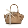 Khaki pebbled leather shoulder bag with white lace bow and pearl charm detail - Khaki