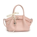 Pink lychee texture shoulder bag with white lace ribbon and pearl bow decoration - With Ornament / Pink