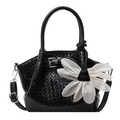 Schwarze gewebte Handtasche mit großer weißer Blumendeko und abnehmbarem Schultergurt - Schwarz