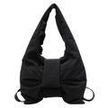 Black quilted puffer tote bag with bow-knot design and wide strap in street fashion style - Black