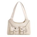 Minimalistische cremeweiße Leder-Achseltasche mit silberner Kette und zwei Fronttaschen - Gebrochenes Weiß