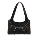 Schwarze Vintage PU-Leder Schultertasche mit Silberketten und dekorativen Herzanhängern - Schwarz
