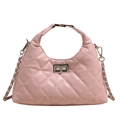 Pink quilted shoulder bag with glossy finish and silver chain strap for women - Pink