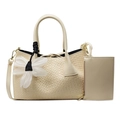 Chic beige woven handbag set with top handles, shoulder strap and a floral pendant - Yellow