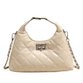 Chic beige quilted crossbody hobo bag with silver chain strap and metal lock closure - Off White
