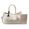 Beige woven handbag with white silk flower charm and matching small rectangular pouch - Off White