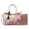 Pink woven tote bag set for women with detachable strap and floral charm detail - Pink