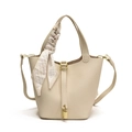 Beige lychee leather bucket bag with top handles, crossbody strap and plaid silk scarf - Large / White