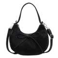 Sac croissant en velours noir avec nœud élégant et bandoulière argentée - Noir