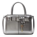 Metallic silver hobo bag with wrinkled texture, gold key charm and buckle strap detail - Silver