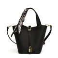 Black litchi grain bucket bag with gold lock and geometric silk scarf detail - Large / Black