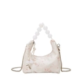 Embroidered Chinese style crossbody bag with large pearl handle and metal chain - Off White